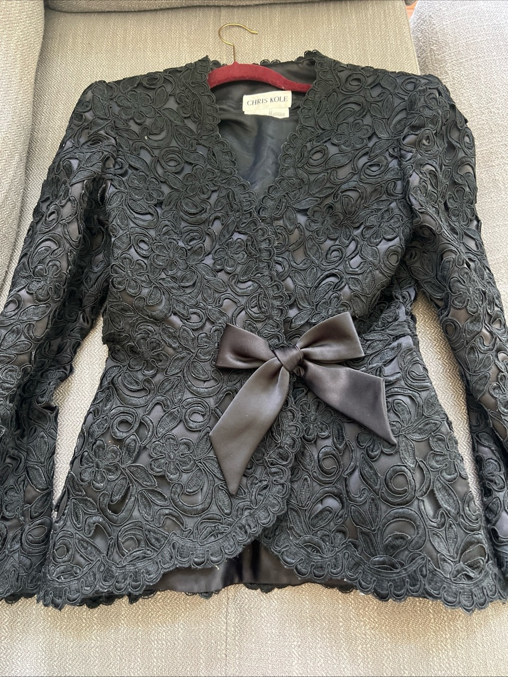 Chris Kole Black Embroidered Lace Jacket with Satin Bow